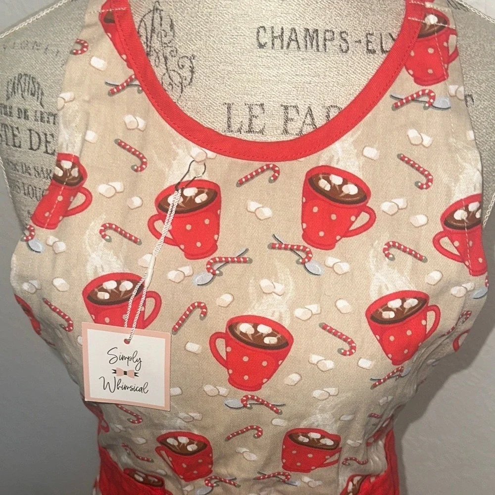 Simply Whimsical Christmas Hot Cocoa Cotton Apron Red Tan Pom Pom Trim NWT